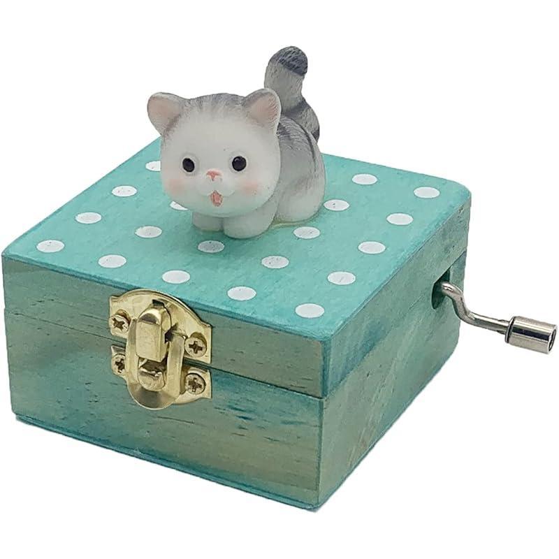 Gift Wrapped Mini Wooden Hand Crank Music Box with Lovely Cat (Tune: Castle in The Sky) (Brownish Yellow)