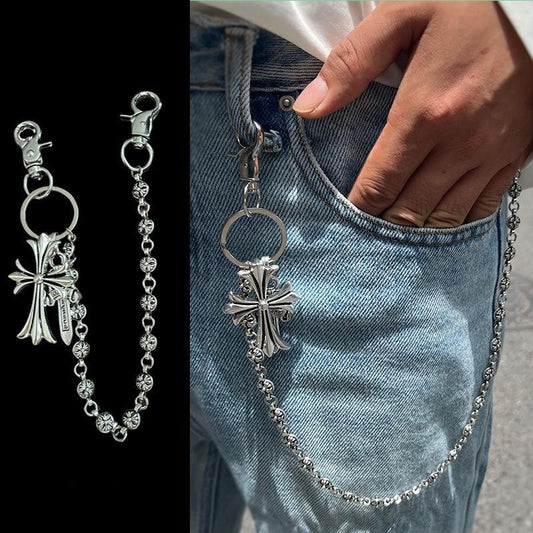 Men‘s Double-Layer Multi-Element Waist Chain | Sword & Round Bead Pendant | Cross Bag Chain for Men & Women | Lobster Buckle Jeans Chain Rentro Pants Chain Personalized Metal