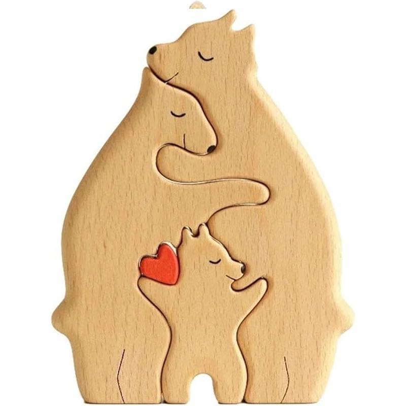 Personalised Wooden Figurines Animal Family Puzzle,Creative Wooden Bear Love Sculptures Ornament for Home Desk Decoration