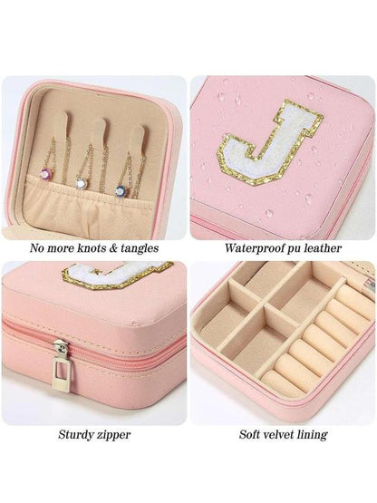 Portable Jewelry Box with Mirror for Gift, Summer Stylish Sequin Decorated Letter Pattern Jewelry Organizer Waterproof Velvet