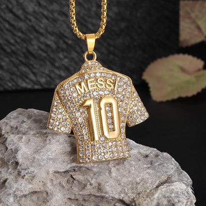 Titanium Steel Iced-Out Messi #10 Jersey Pendant Necklace – Gold & Silver Plated Football-Inspired Hip Hop Jewelry for Men