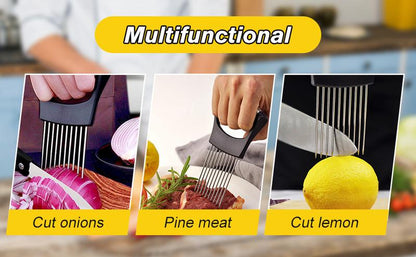 Upgraded Onion Holder for Slicing, New Stainless Steel Onion Slice Holder Lemon Slicer Vegetable Cutter, Kitchen Chopper Slicing Assistant Tool for Meat, Onion, Potato, Tomato (1 Pack)