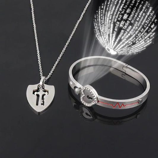 Heart Lock Bracelet & Key Necklace Set with "I Love You" In 100 Languages - The Cutest Gift For Them