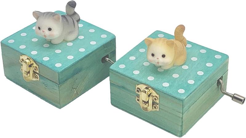 Gift Wrapped Mini Wooden Hand Crank Music Box with Lovely Cat (Tune: Castle in The Sky) (Brownish Yellow)