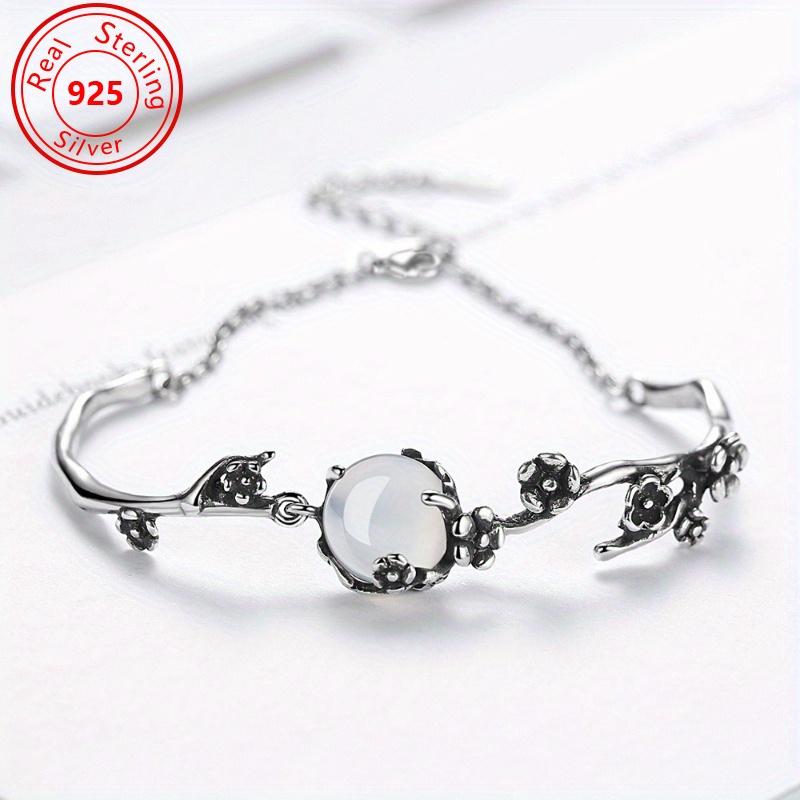 6g/0.212oz S925 Silvery Moon Shadow Cold Plum Bracelet - Fashionable Antique Silver Plated with Elegant Moonlight White Holy Grail Accent, Personalized High Coolness Jewelry for Women