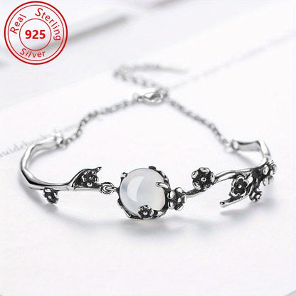 6g/0.212oz S925 Silvery Moon Shadow Cold Plum Bracelet - Fashionable Antique Silver Plated with Elegant Moonlight White Holy Grail Accent, Personalized High Coolness Jewelry for Women