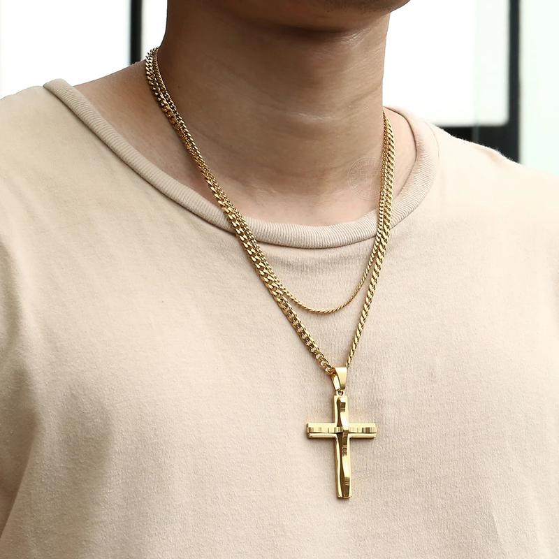 Cross Pendant Necklace for Men Women Stainless Steel Curb Cuban Link Chain Black Gold Color Silver Color Gift Jewelry