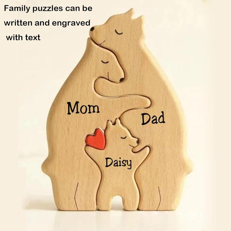 Personalised Wooden Figurines Animal Family Puzzle,Creative Wooden Bear Love Sculptures Ornament for Home Desk Decoration