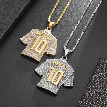 Titanium Steel Iced-Out Messi #10 Jersey Pendant Necklace – Gold & Silver Plated Football-Inspired Hip Hop Jewelry for Men