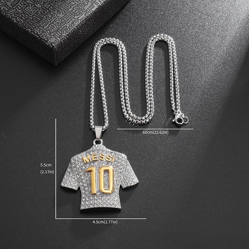 Titanium Steel Iced-Out Messi #10 Jersey Pendant Necklace – Gold & Silver Plated Football-Inspired Hip Hop Jewelry for Men