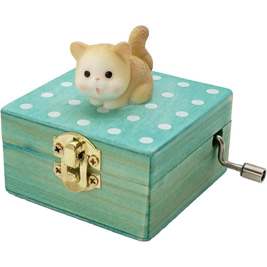 Gift Wrapped Mini Wooden Hand Crank Music Box with Lovely Cat (Tune: Castle in The Sky) (Brownish Yellow)