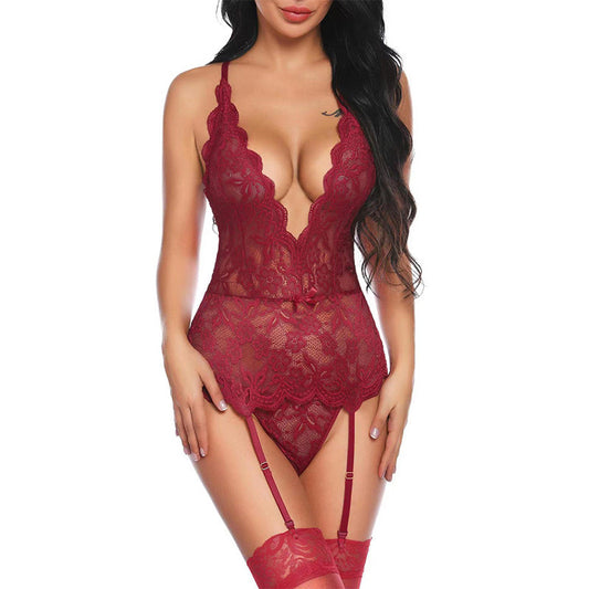 Plus Size Western-Style Sexy Lingerie - Lace Strap Bodysuit with Garter Belt, Perfect for a Passionate Night