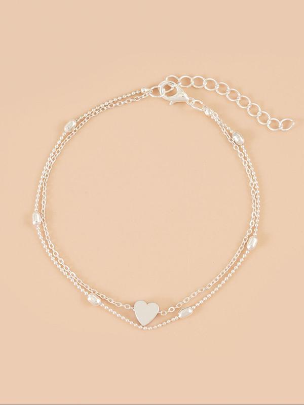 Women's Heart Decorated Double Layered Anklet, Simple Heart Shaped Holiday Beach Style Multilayer Anklet, Fashion All-match Body Jewelry for Women for Gift