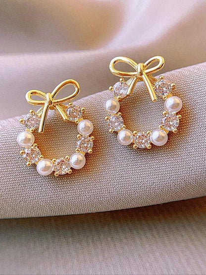 Faux Pearl & Rhinestone Decorated Bow Design Stud Earrings (1 Pair), Elegant Cute Jewelry for Party, Daily Clothing Decor for Girl, Trendy All-match & Exquisite Jewelry for Birthday Gift