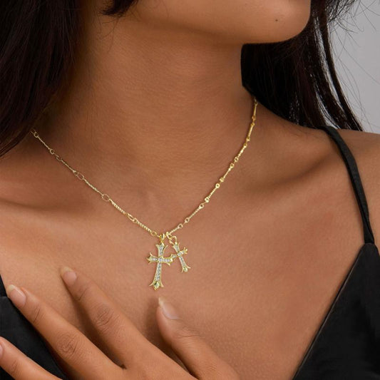 Crown cross/Cross Necklace 14k Gold Plated Double Cross Pendant CZ,Cubic Zirconia Cross Necklaces for Women Men Boy Jewelry Birthday Dainty Gifts Crown cross