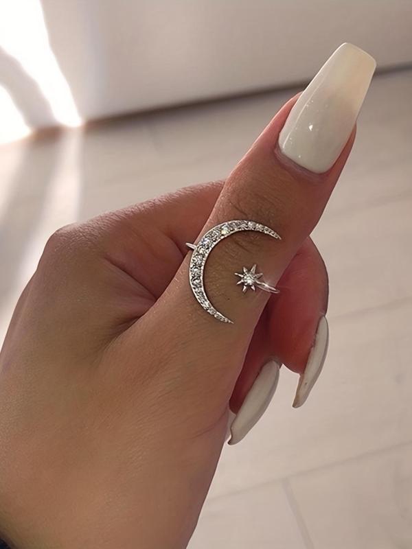 Women's Elegant Rhinestone Decorated Moon & Star Design Ring, Exquisite Trendy Ring for Daily Use, Fashionable Jewelry for Women As Gift for Fall 2024