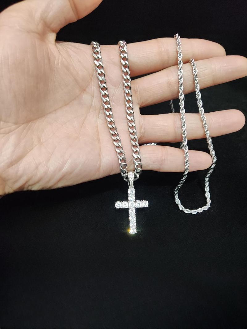 2024 Hip Hop Twist Chain Necklace & Rhinestone Cross Pendant Necklace, Birthday Gift for Bestie, Stainless Steel Matching Necklace Jewelry, Back To School Accessories, Fall Outfits, Fall Freshness Streetwear Mascs