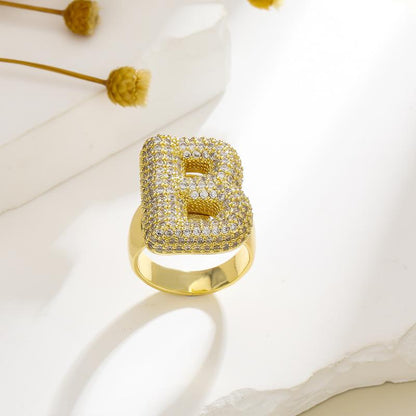 Bubble cute plump letter ring, elegant girl's first choice, fluffy name personalized fashion accessories, daily wear for parties and beaches, beautiful birthday Present, inlaid zircon sparkling girlfriend  Present Hypoallergenic Moissanite Bubble Letter