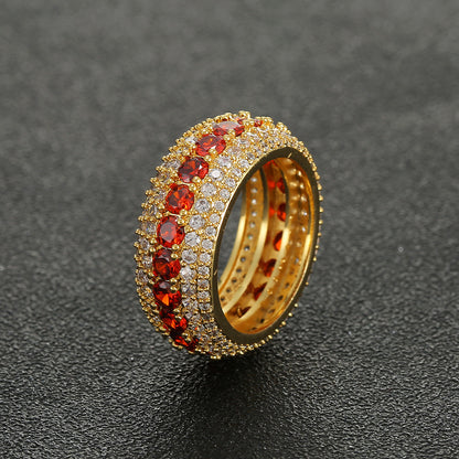 Hip-Hop Ring Micro-Inlaid Personality Red Five-Row Full Zircon Men's Ring Accessory