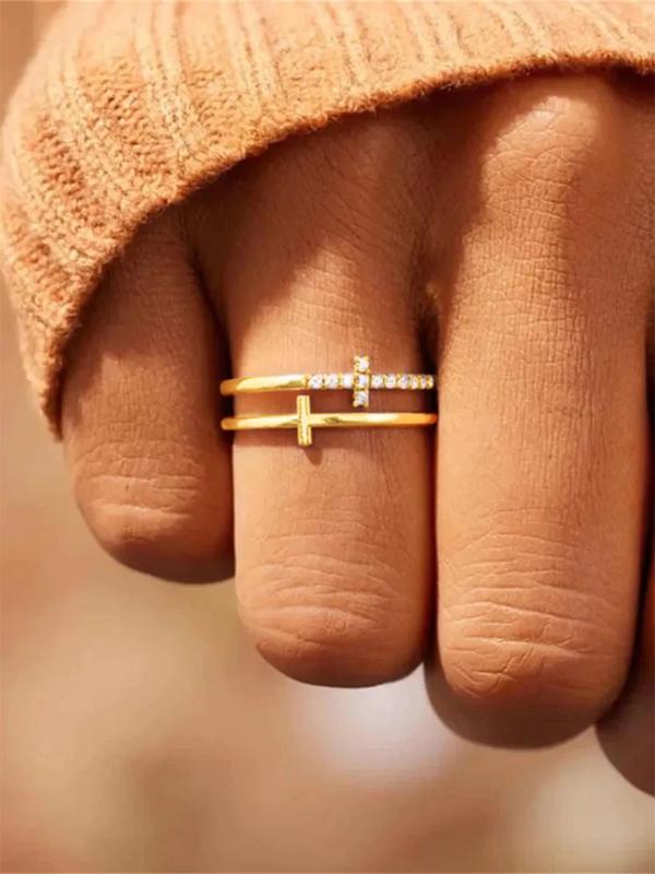 Rhinestone Decor Cross Design Double Layered Ring, Fall Fashion Jewelry Accessories for Women & Girls, Matching Jewelry