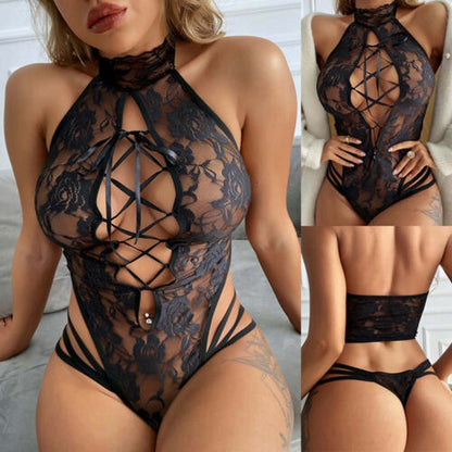 Sexy Lace Cutout Bodysuit with Straps - See-Through Catwoman Style for Women