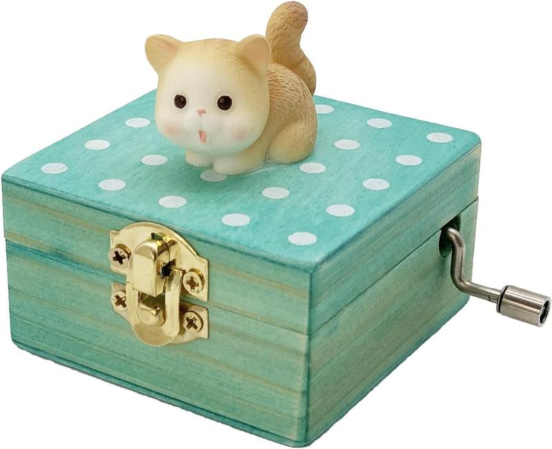 Gift Wrapped Mini Wooden Hand Crank Music Box with Lovely Cat (Tune: Castle in The Sky) (Brownish Yellow)