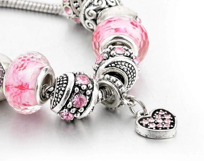 Pink Heart-Shaped Pendant Bracelet Set - Exquisite Jewelry Gift with Delicate bead, Dazzling Pendant, and Adjustable Serpentine Chain for Women - Perfect Valentine's Day Gift Idea