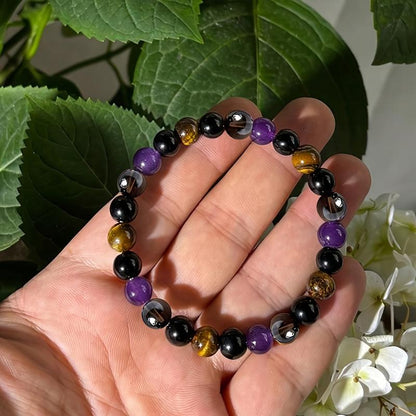 Natural Tiger Eye & Amethyst Beaded Bracelet - Stylish Elastic Gemstone Jewelry for Men and Women, Perfect Gift