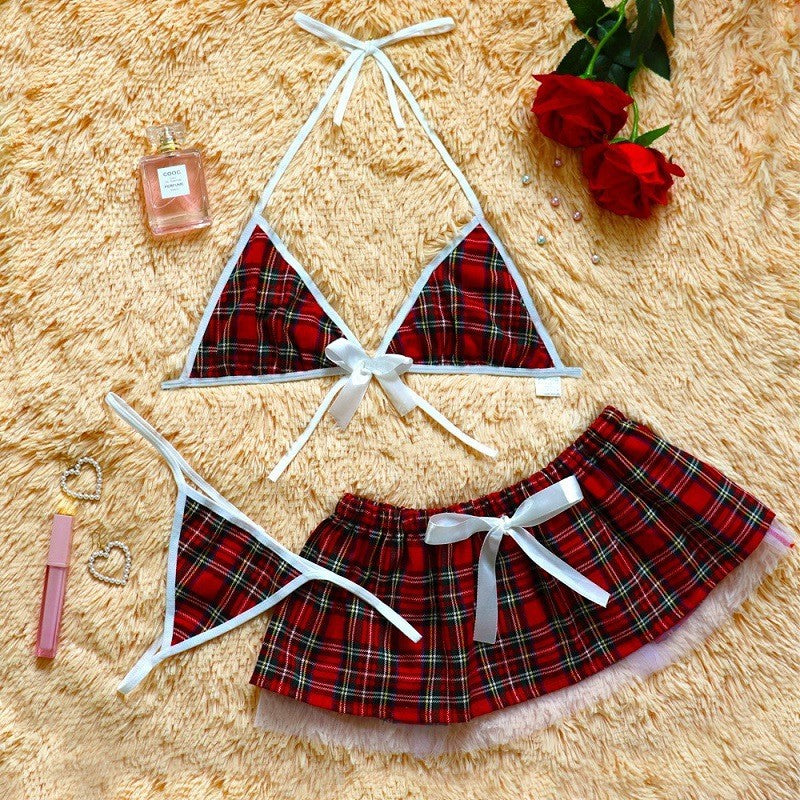 Sexy Plaid Three-Piece Set with Off-Shoulder Strap Design |   Women's Lingerie |   Trendy Nightwear