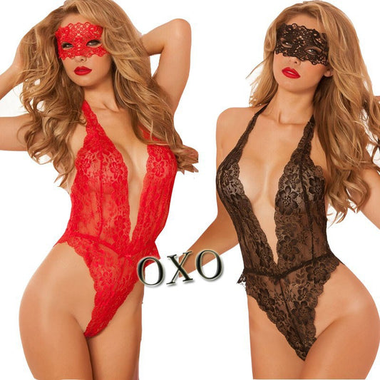 Sexy Lace Deep V Bodysuit with Eye Mask for Women - Temptation Lingerie and Nightwear