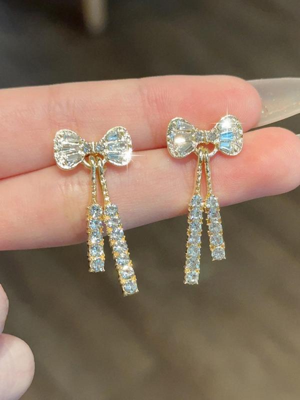 Bow Decor Dangle Earrings, Elegant Rhinestone Decor Drop Earrings for Women, Fashion Jewelry for Party, Daily Birthday Gift