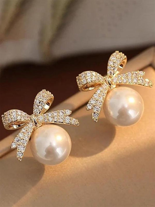 Summer Faux Pearl & Rhinestone Decor Bow Design Dangle Earrings, Elegant Jewelry for Women for Party, Daily Clothing Decor, Trendy Jewelry As Gift