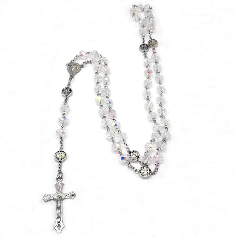 Crystal Bead Catholic Rosary Necklace Cross Pendant Choker Religious Necklaces Long Chain Prayer Charm Jewelry Gift