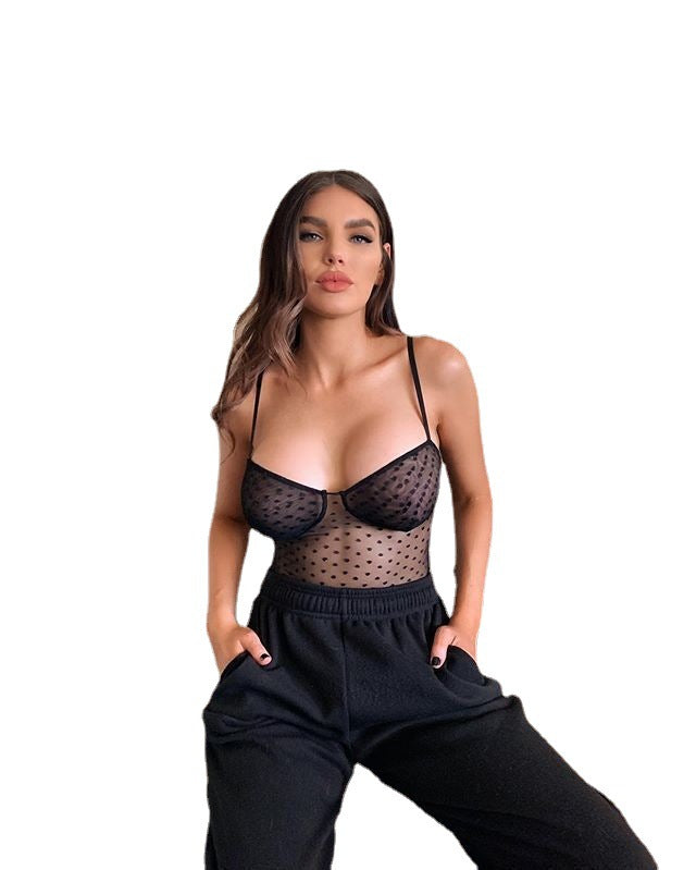 New Sexy Sheer Mesh Black Polka Dot Bodysuit with Straps for Women - Temptation Lingerie