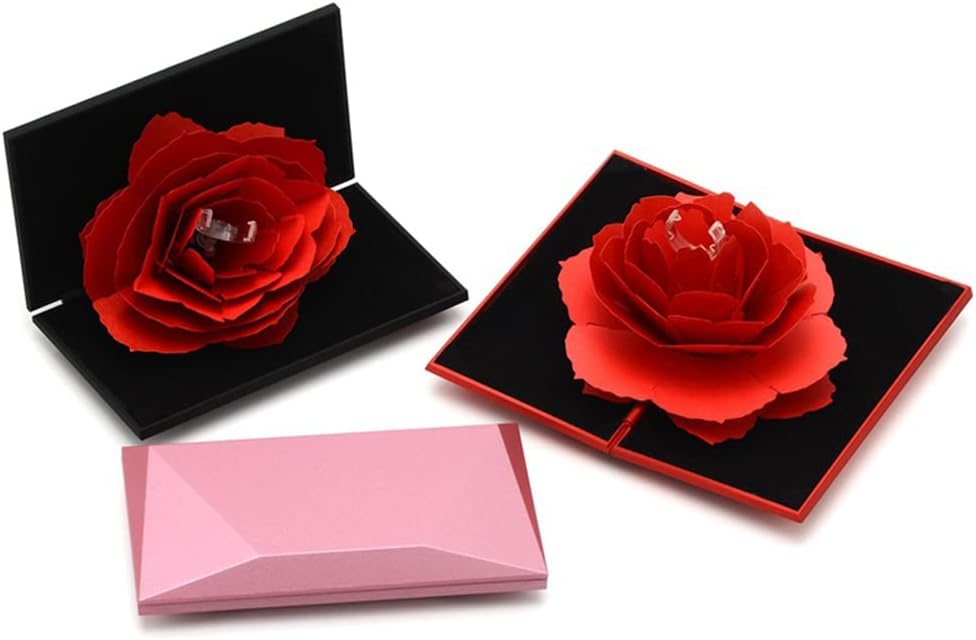 Rotating Rose Ring Box Flower Rhombus Proposal Engagement Wedding Jewelry Box Creative Ring Earring Necklace Storage Box Pink