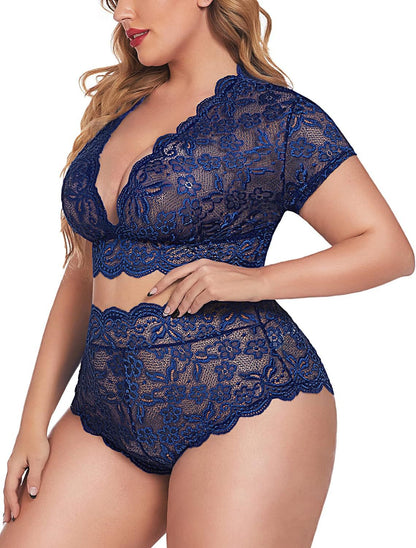 New Arrival Plus Size Sexy Lace Nightwear Set - Ruffle Wave Design, Perfect for a Romantic Night at Home