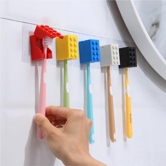 4PCs Building Blocks Shape Wall-Mounted Toothbrush Holder Bathroom Multifunctional U-Shaped Card Slot Toothbrush Draining Storage Rack