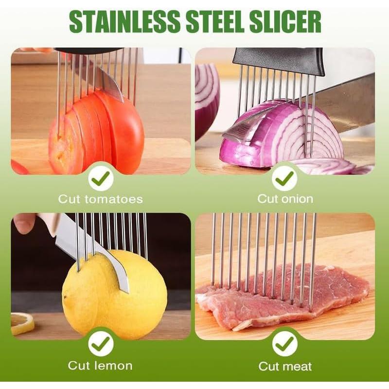 Upgraded Onion Holder for Slicing, New Stainless Steel Onion Slice Holder Lemon Slicer Vegetable Cutter, Kitchen Chopper Slicing Assistant Tool for Meat, Onion, Potato, Tomato (1 Pack)