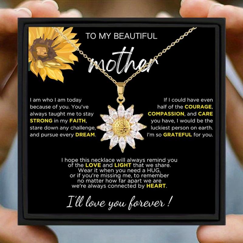 Christmas Sunflower Design Pendant Necklace with Gift Box Set, Gift for Mom, I Love My Mom Gift Set, Gift Idea, Summer for Gift