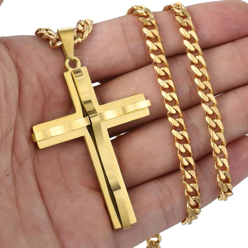 Cross Pendant Necklace for Men Women Stainless Steel Curb Cuban Link Chain Black Gold Color Silver Color Gift Jewelry