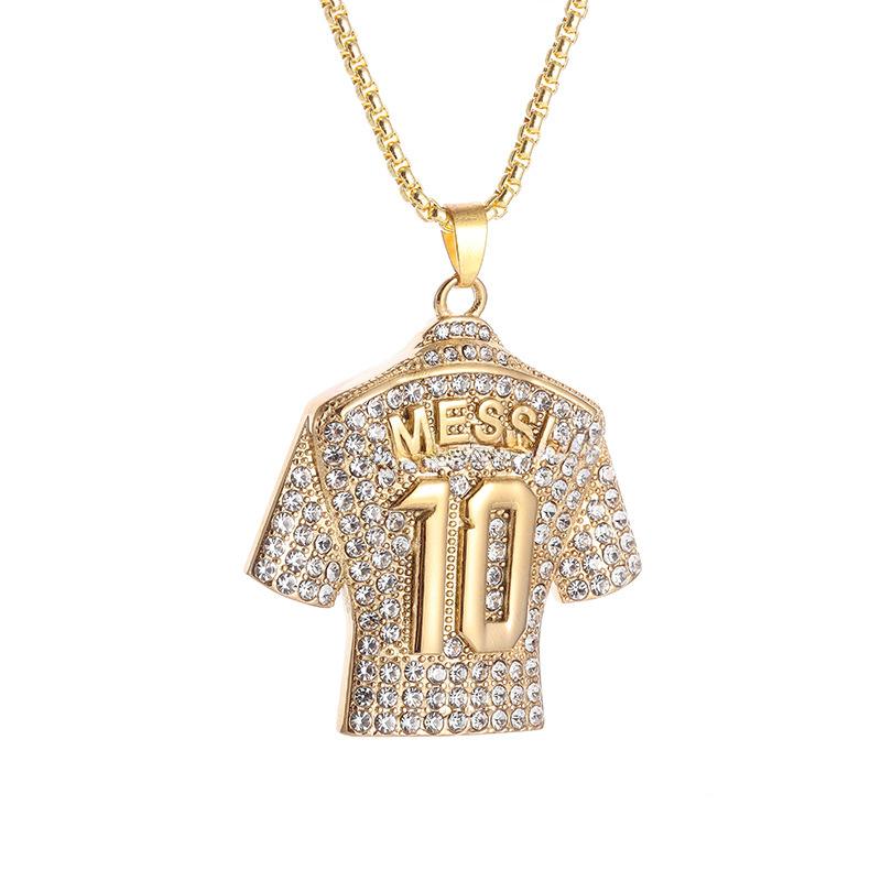 Titanium Steel Iced-Out Messi #10 Jersey Pendant Necklace – Gold & Silver Plated Football-Inspired Hip Hop Jewelry for Men